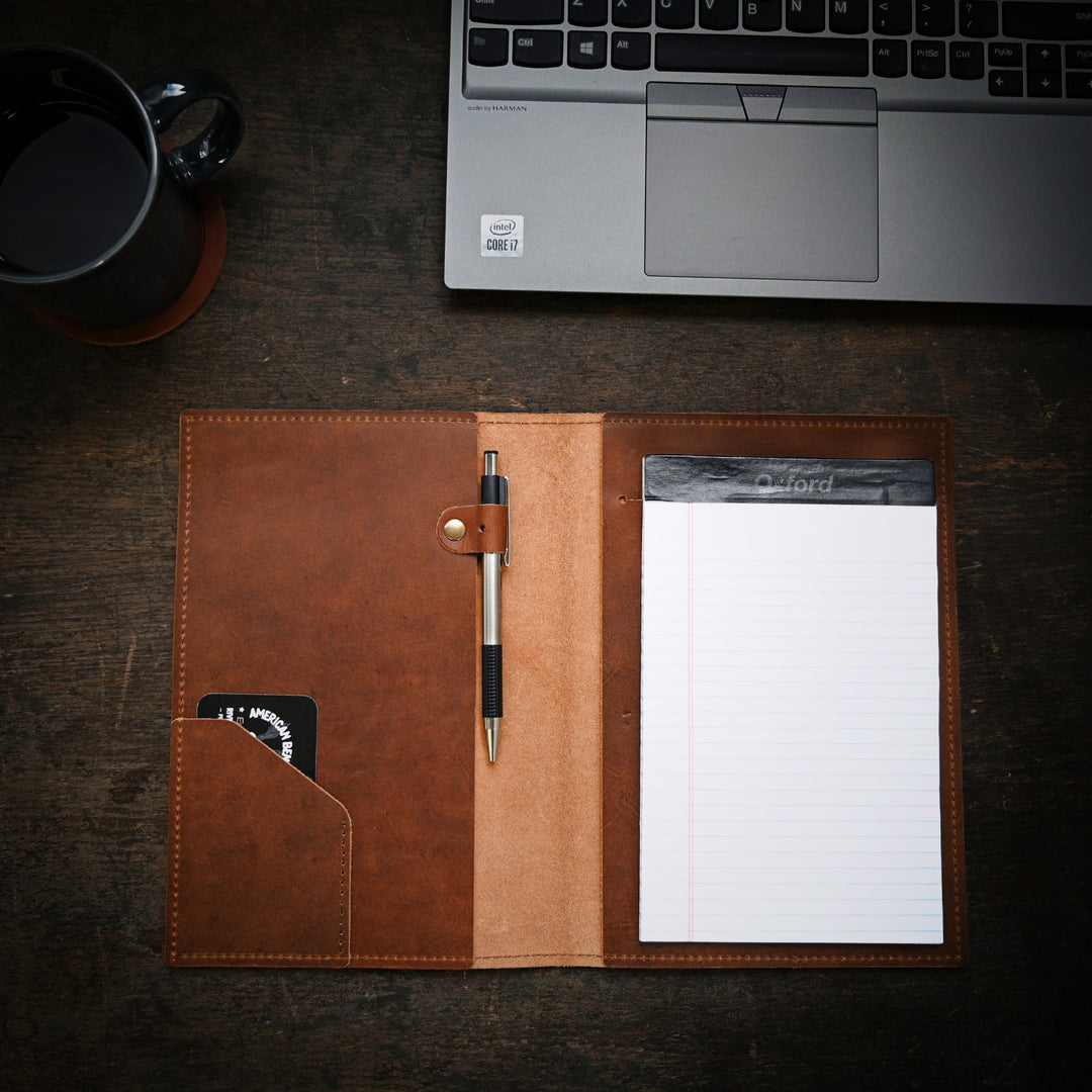 A5 Journal - Brown Leather - Open on desk