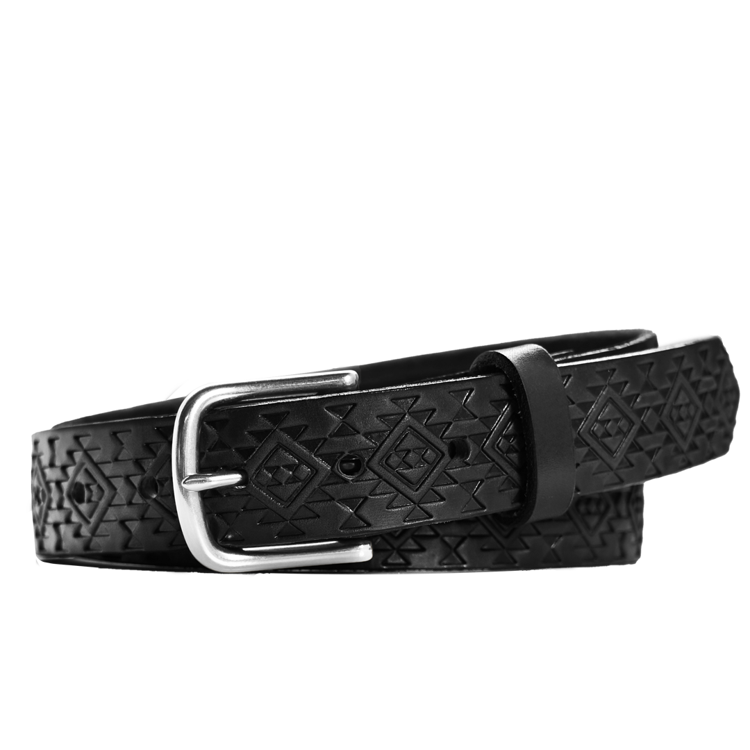 Aztec Belt - Black Leather - Nickel Buckle