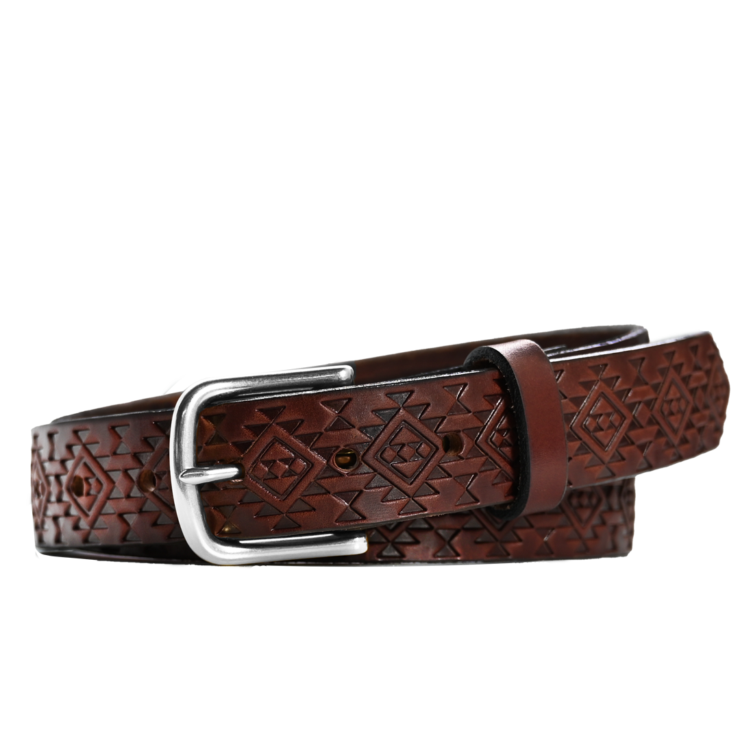 Aztec Belt - Brown Leather - Nickel Buckle
