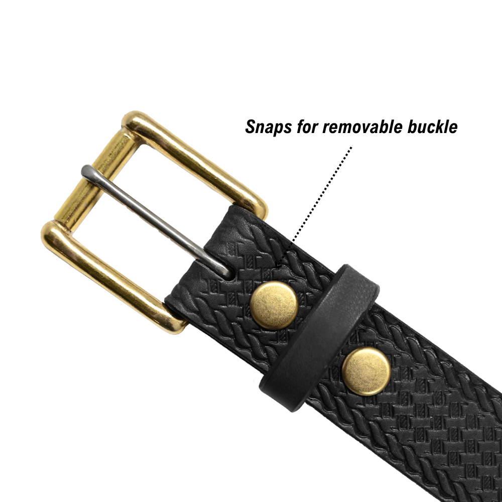 Basket Weave Belt - Black Leather - Brass Buckle - Snaps
