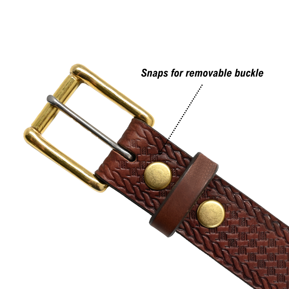 Basket Weave Belt - Brown Leather - Brass Buckle - Snaps