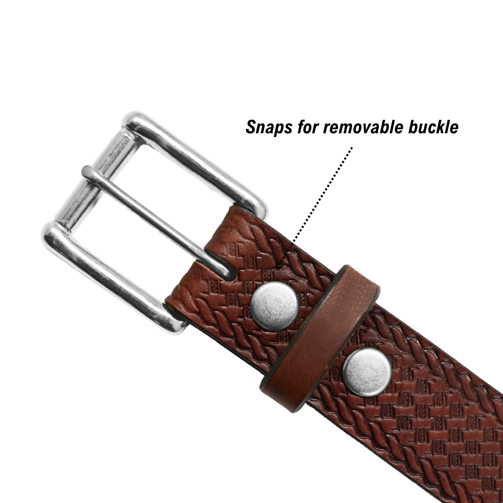 Basket Weave Belt - Brown Leather - Nickel Buckle - Snaps