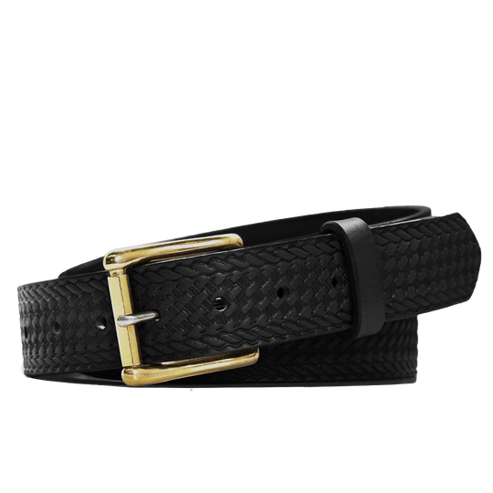 Basket Weave Belt - Black Leather - Brass Buckle