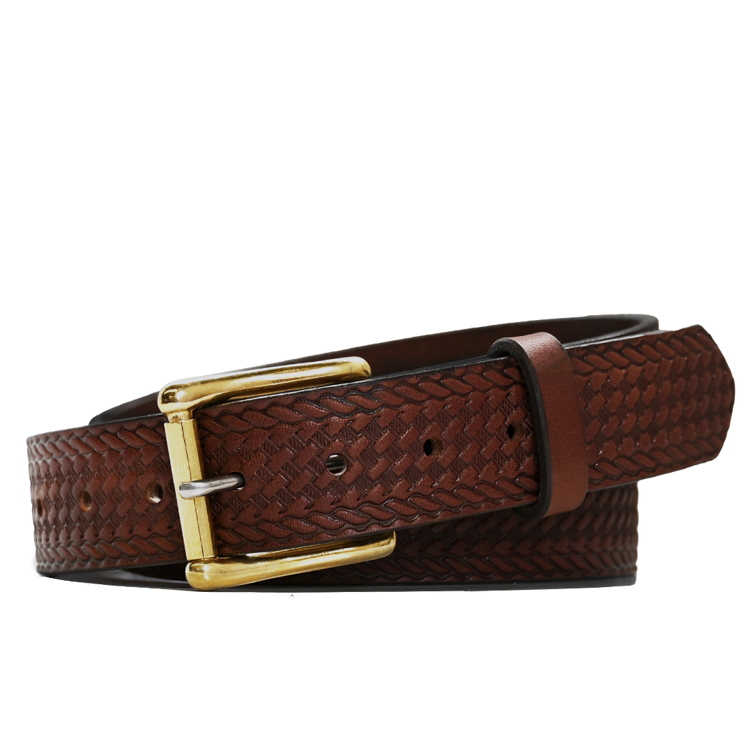 Basket Weave Belt - Brown Leather - Brass Buckle