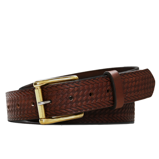 Basket Weave Belt - Brown Leather - Brass Buckle
