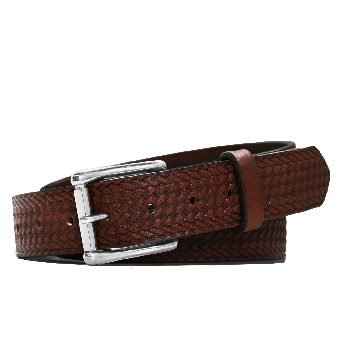 Basket Weave Belt - Brown Leather - Nickel Buckle