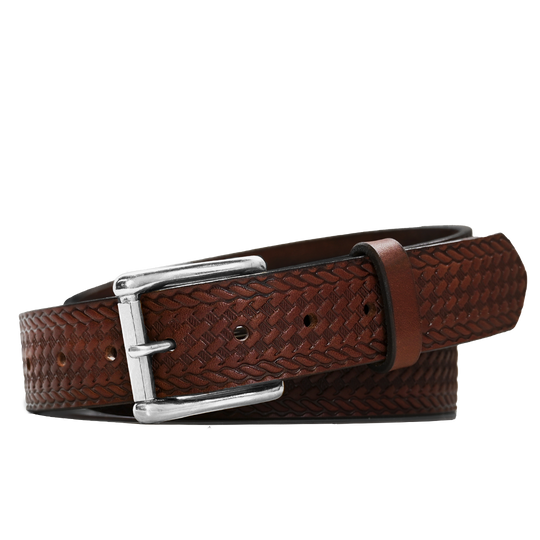 Basket Weave Belt - Brown Leather - Nickel Buckle