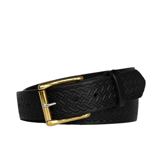 Celtic pattern belt - black leather with brass buckle