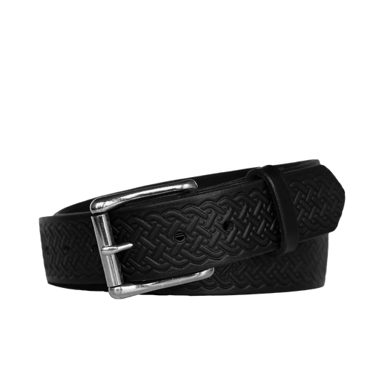 Celtic pattern belt - black leather with nickel buckle