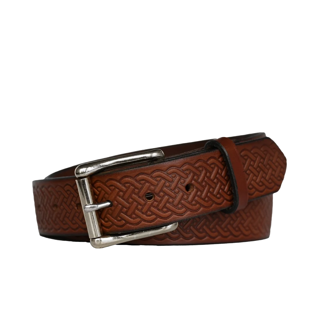 Celtic pattern belt - brown leather with nickel  buckle