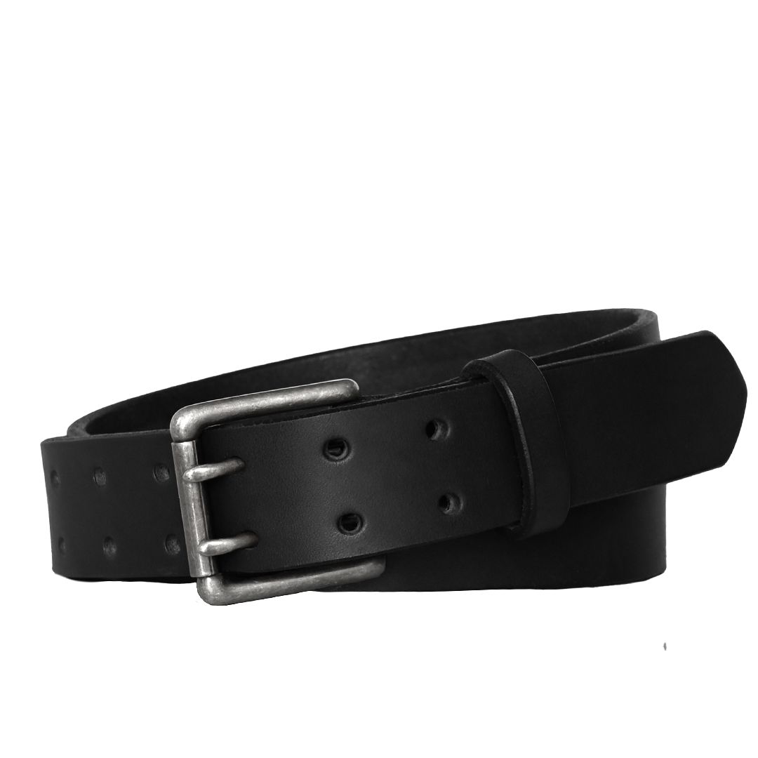 Double Prong Belt - Black Leather - Nickle Buckle