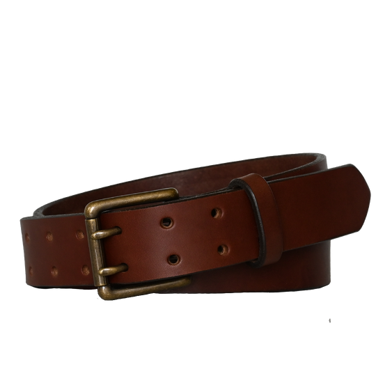 Double Prong Belt - Brown Leather - Antique Brass Buckle