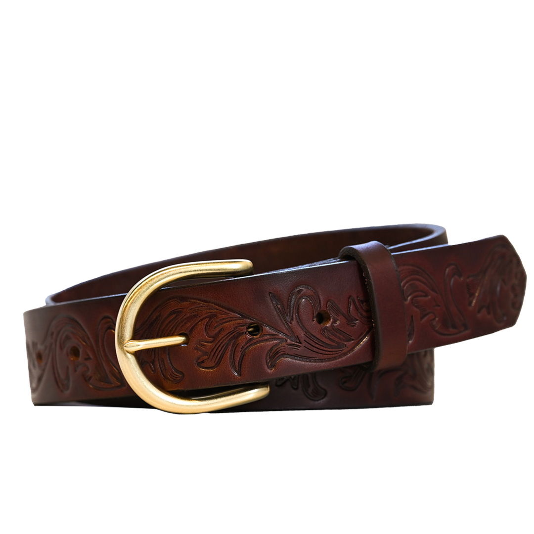 Filigree Belt - Women's Belt - Brown Leather - Brass Buckle