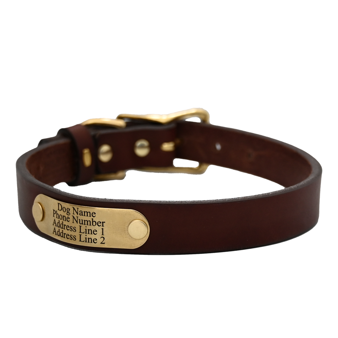 Personalized Standard Dog Collar - Brown Leather - Brass Nameplate