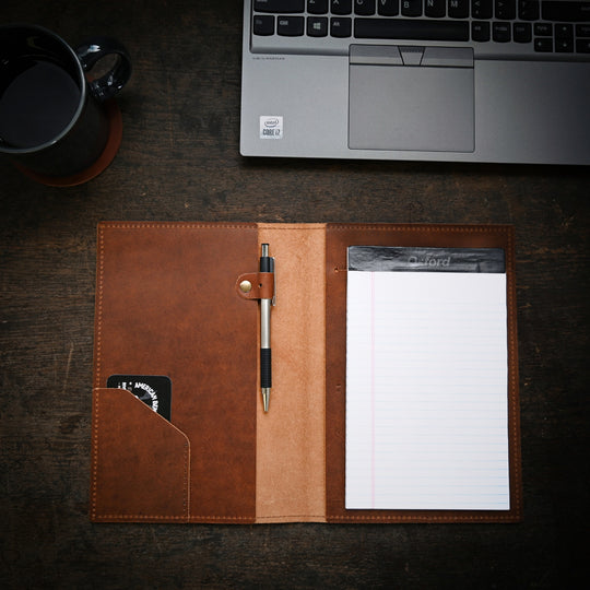 A5 Journal - Brown Leather - Open on desk
