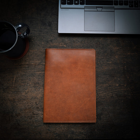 A5 Journal - Brown Leather - Closed on desk