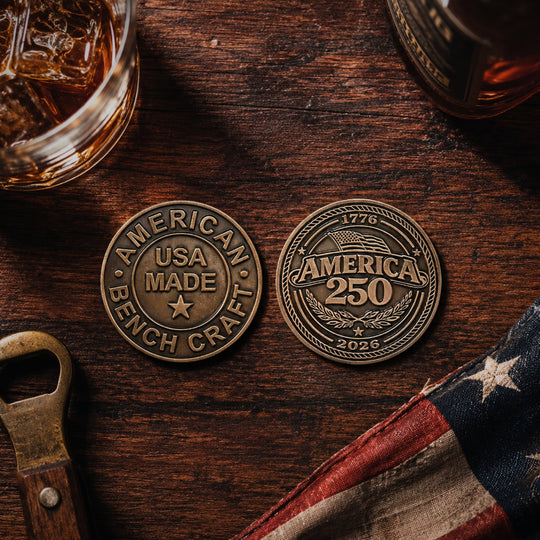 ABC/America 250 Challenge Coin - Front and Back Lifestyle