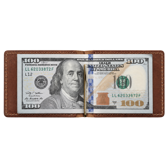 Brown Bar Clip Wallet - open with cash