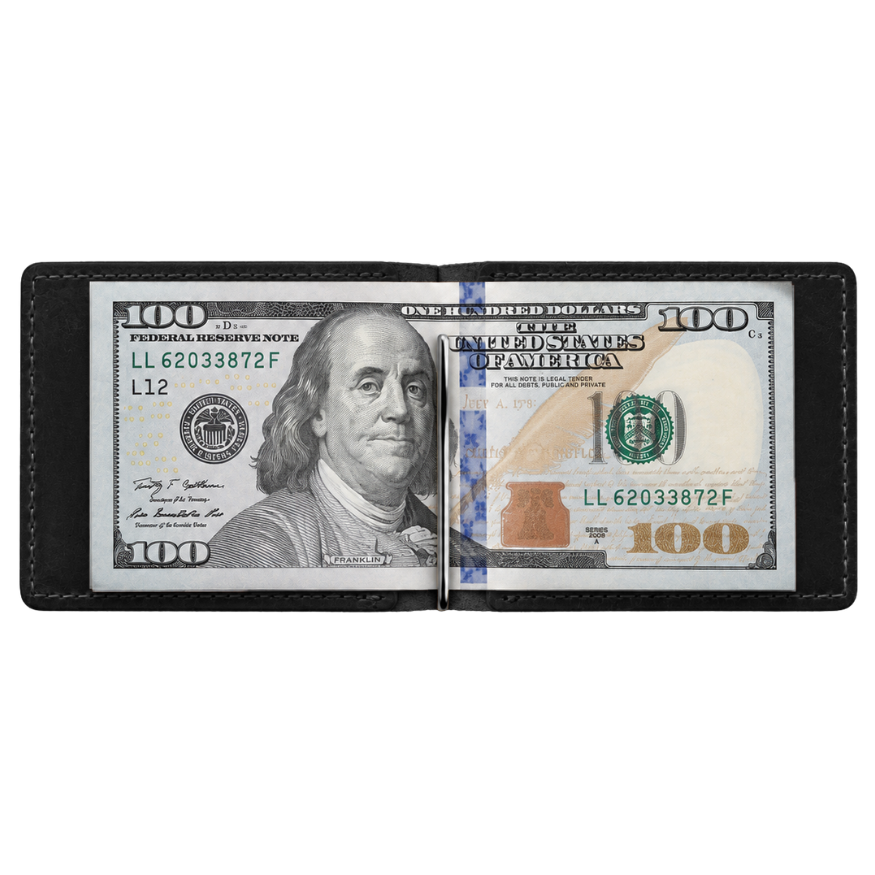 Black bar clip wallet open with cash