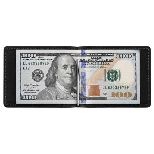 Black bar clip wallet open with cash
