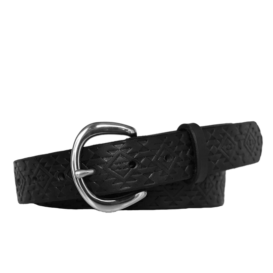 women's leather belt - broken arrow belt - black leather with nickel buckle