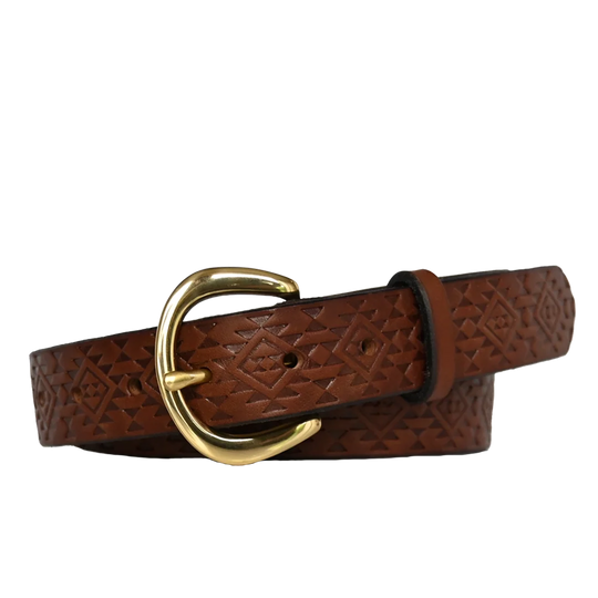 women's leather belt - broken arrow belt - brown leather with brass buckle