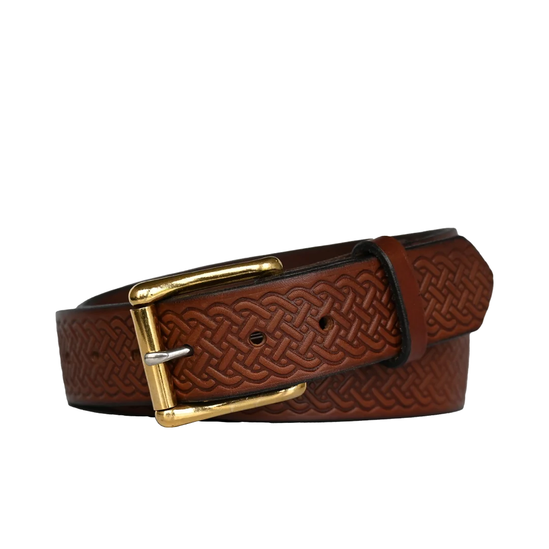 Celtic pattern belt - brown leather with brass buckle