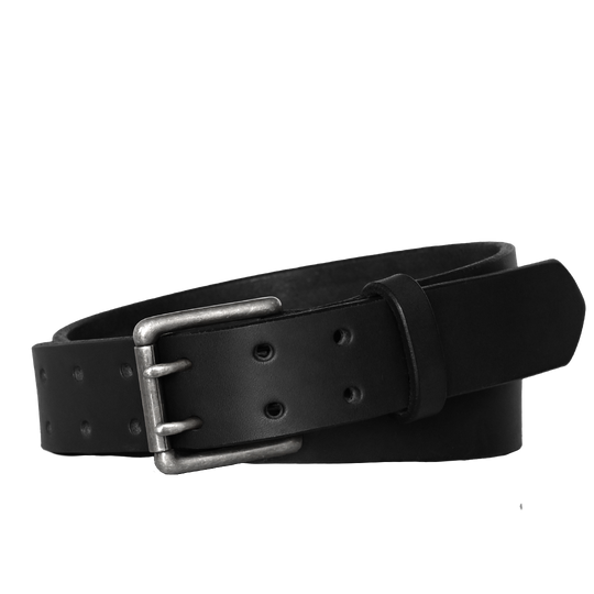 Double Prong Belt - Black Leather - Nickle Buckle
