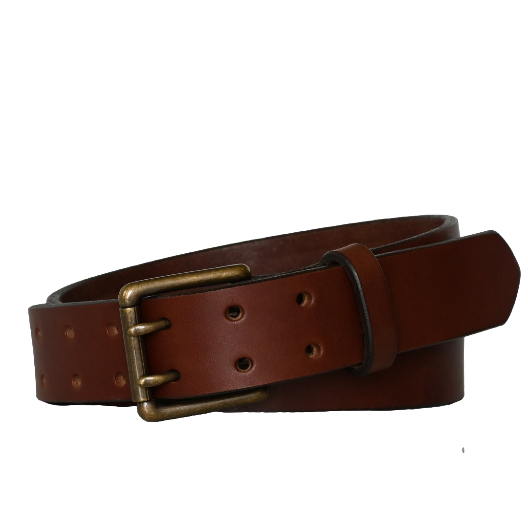 Double Prong Belt - Brown Leather - Antique Brass Buckle