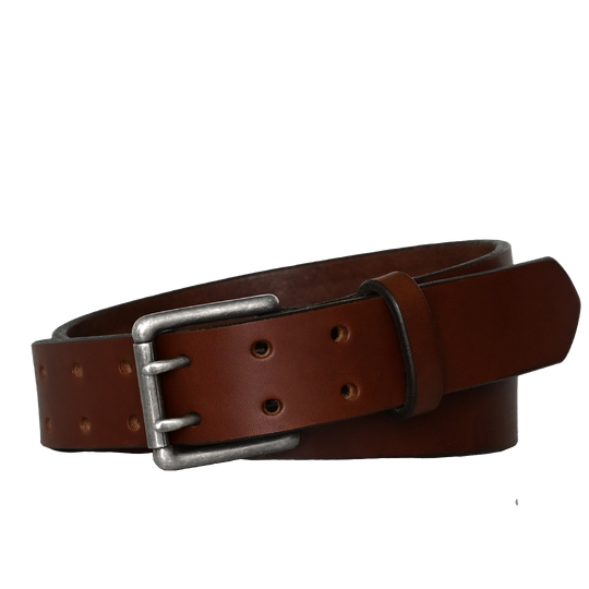 Double Prong Belt - Brown Leather - Nickle Buckle