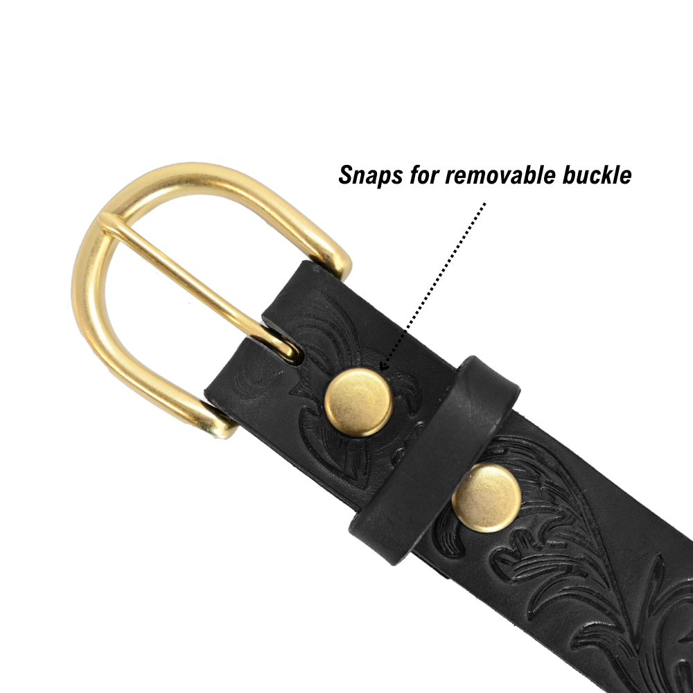 Filigree Belt - Women's Belt - Black Leather - Brass Buckle - Snaps