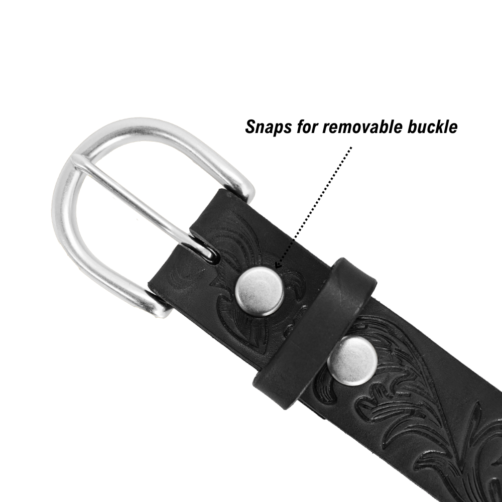 Filigree Belt - Women's Belt - Black Leather - Nickel Buckle - Snaps