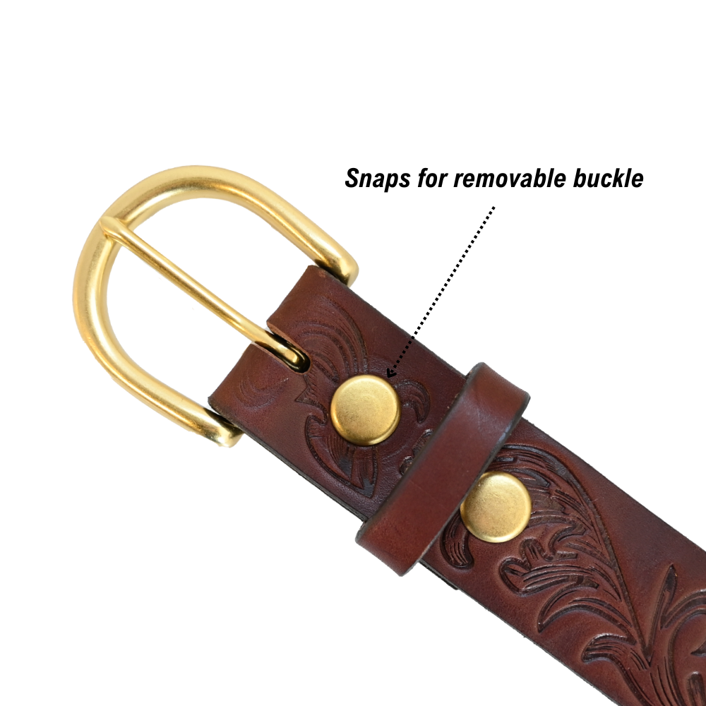 Filigree Belt - Women's Belt - Brown Leather - Brass Buckle - Snaps