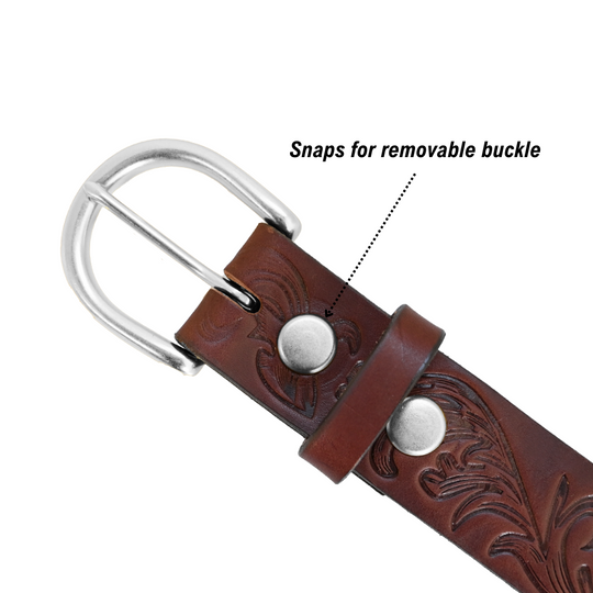 Filigree Belt - Women's Belt - Brown Leather - Nickel Buckle - Snaps