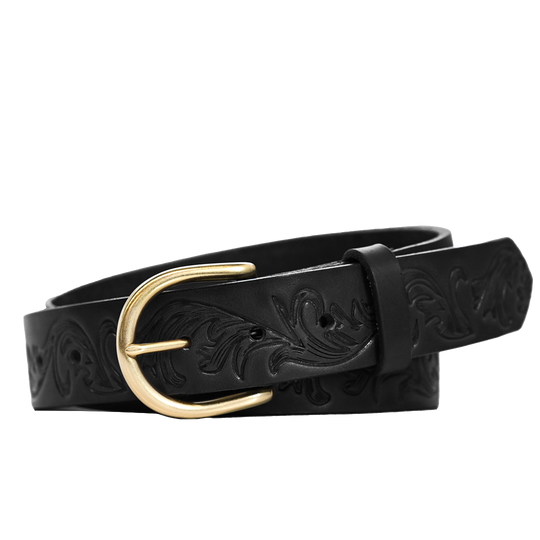 Filigree Belt - Women's Belt - Black Leather - Brass Buckle