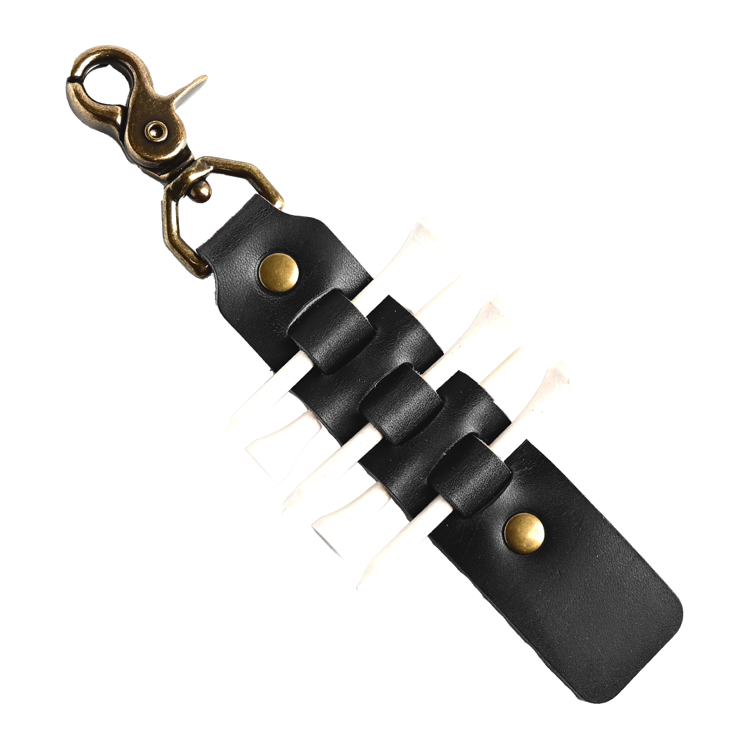 Leather Golf Tee Holder - Black Leather - Antique Brass
