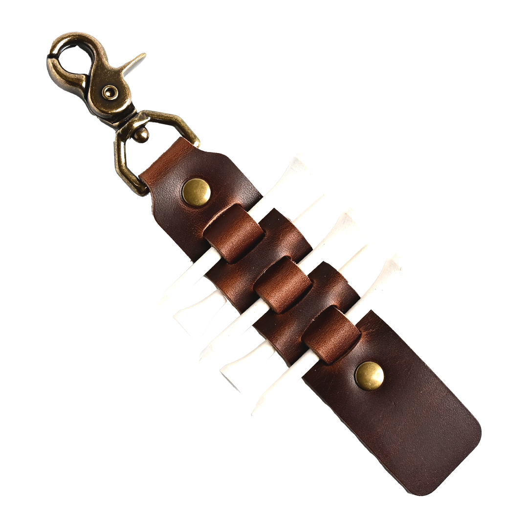 Leather Golf Tee Holder - Brown Leather - Antique Brass