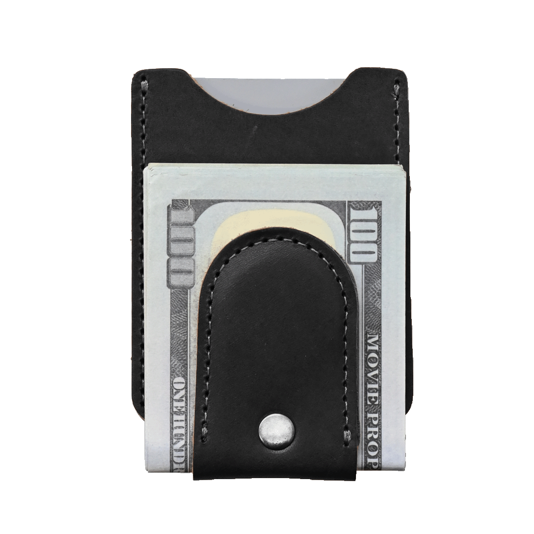 Money Clip Wallet - black leather - front with cash