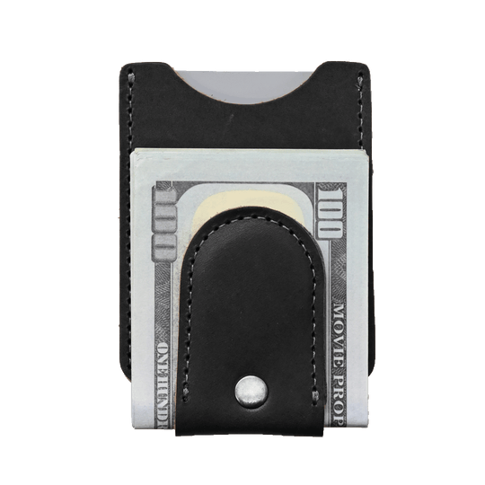 Money Clip Wallet - black leather - front with cash