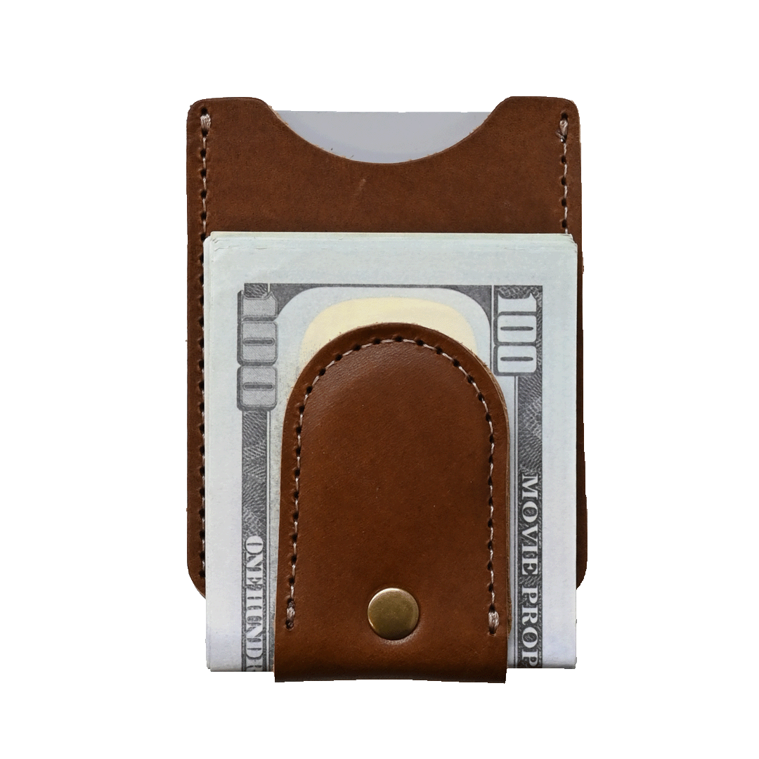 Money Clip Wallet - brown leather - front with cash