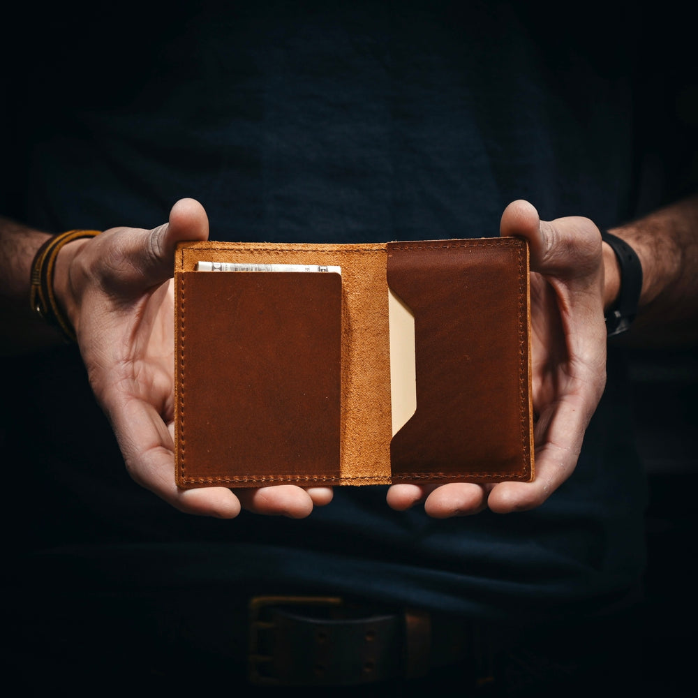 Stitched Bifold Wallet - Brown Leather - Lifestyle - Open