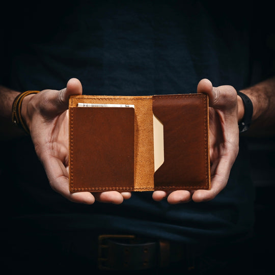 Stitched Bifold Wallet - Brown Leather - Lifestyle - Open