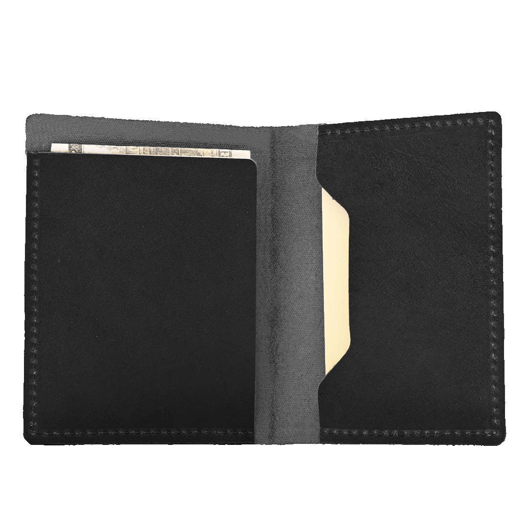 Stitched Leather Bifold Wallet - Black Leather - Open