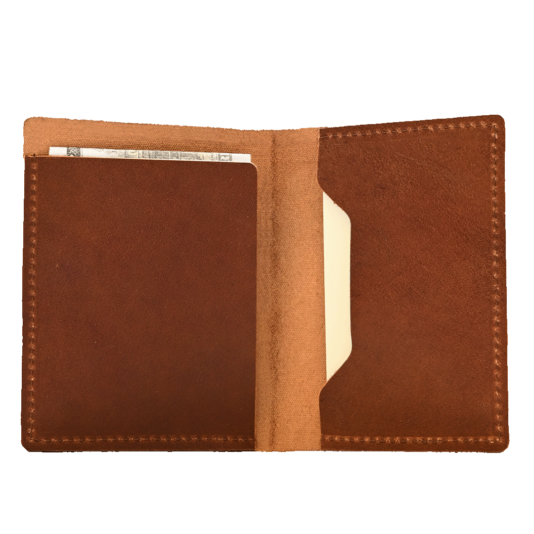 Stitched Leather Bifold Wallet - Brown Leather - Open