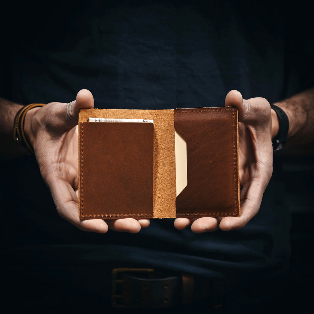 Stitched Leather Bifold Wallet - Brown Leather - Open - Lifestyle