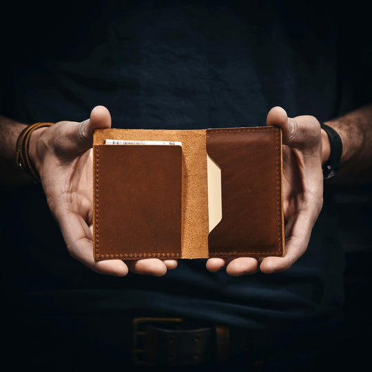 Stitched Leather Bifold Wallet - Brown Leather - Open - Lifestyle