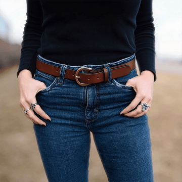 Womens black leather jeans belt with brushed brass buckle - Hip & Waisted